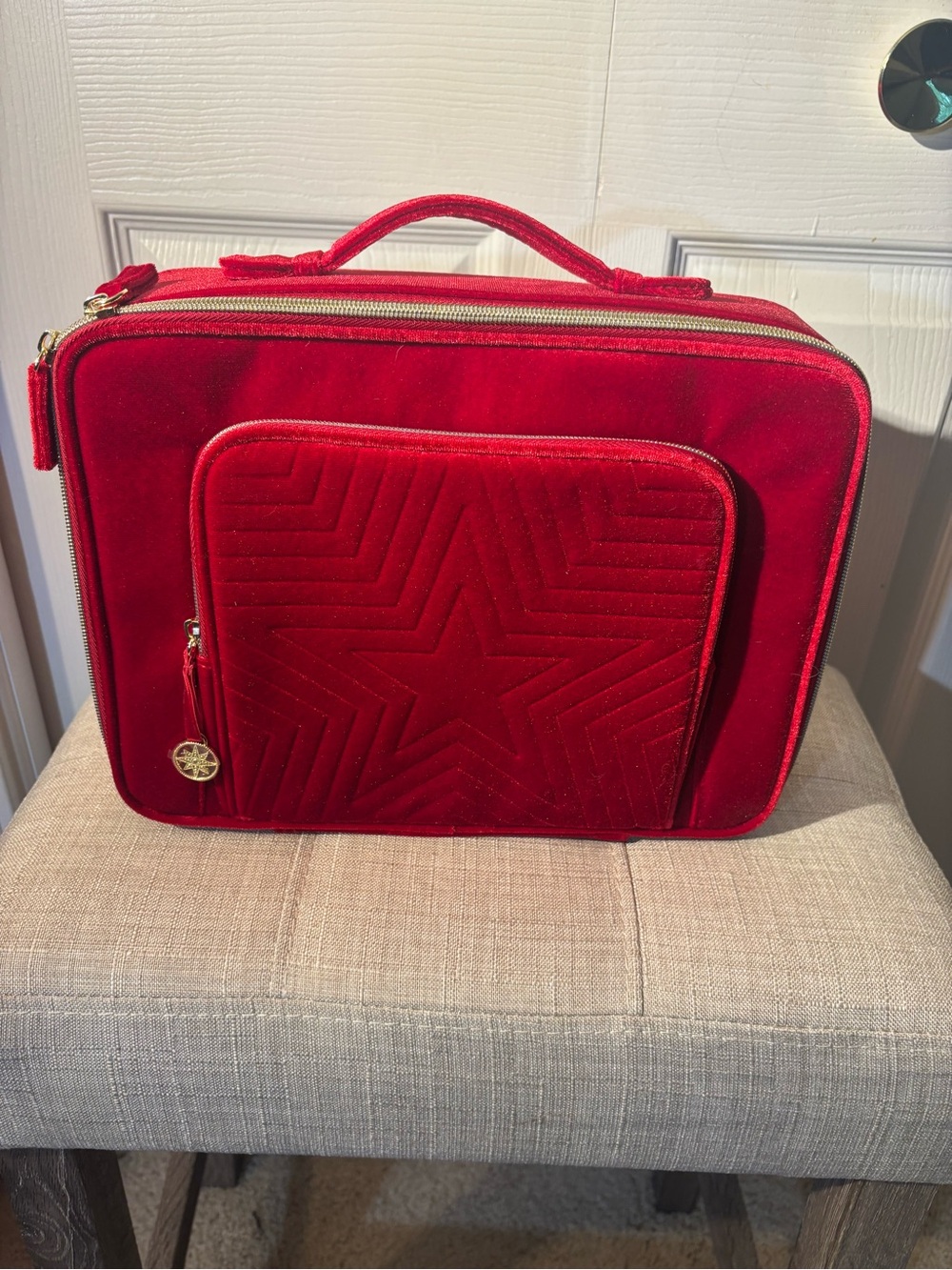 Estee Lauder Red Velvet Travel Case with Quilted Star Pocket and Gold Accents